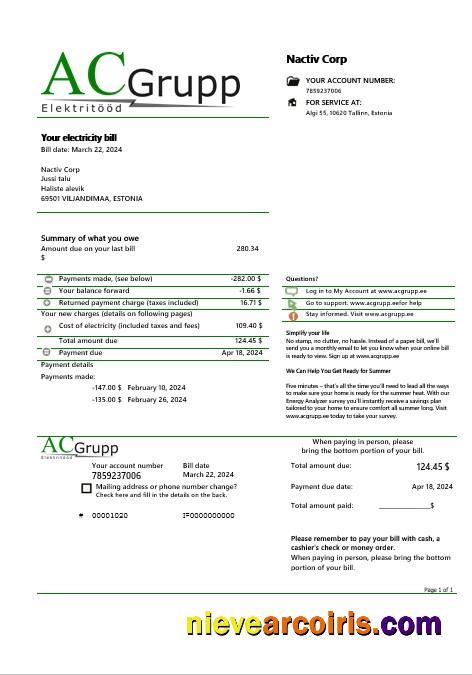 Estonia AC Grupp OÜ electricity business utility bill